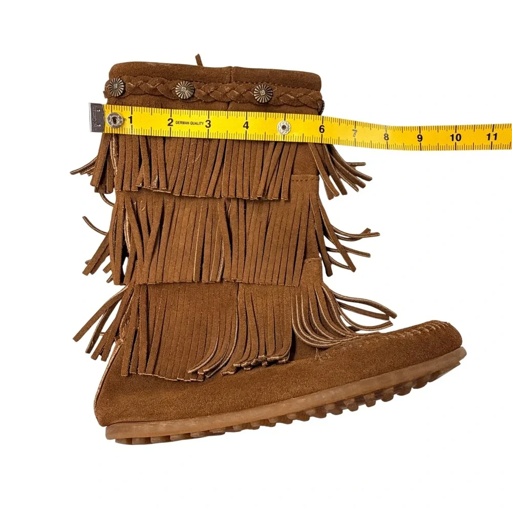 Minnetonka Moccasin Boots 3 Layer Fringe Kid Girl 2 Brown Suede Zip Up  10